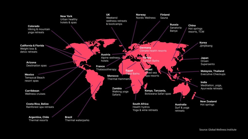 world map showing global wellness retreat categories